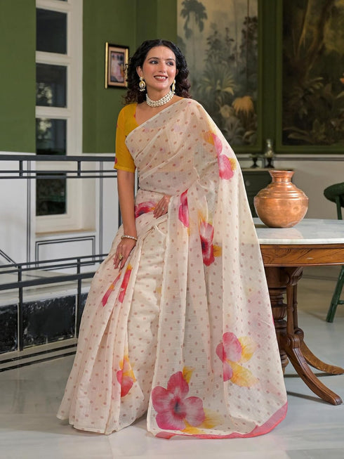 Vasthrlay Womens Printed Unstitched Beige Saree