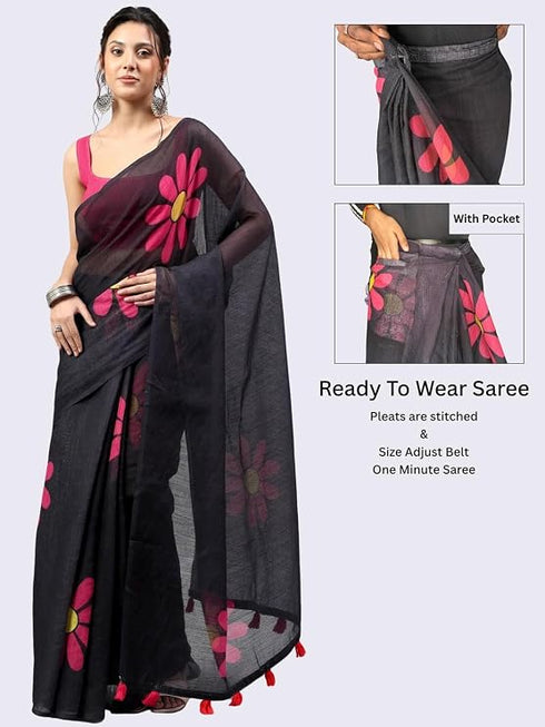 Vasthrlay Black Womens Ready To Wear One Minute Linen Fabric Saree