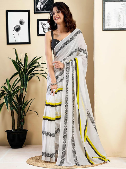 Vasthrlay Womens Printed Unstitched White Saree