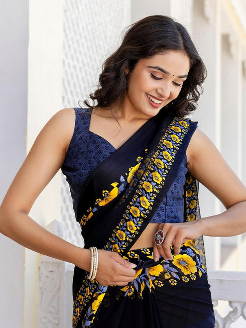 Vasthrlay Georgette Printed Unstitched Dark Green Saree