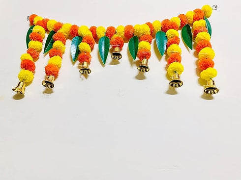 Artificial Fluffy Marigold and Mango Leaves with Bells Door Toran