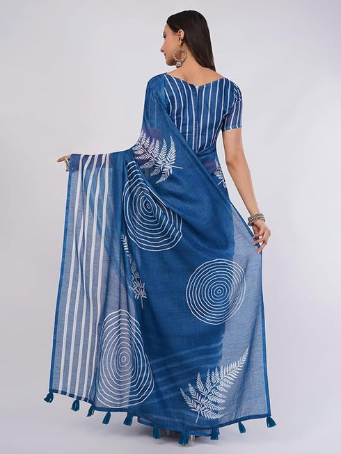 Vasthrlay Blue2 Linen Floral | Striped | Check Design Printed Saree With Solid Unstitched Linen Blouse Piece
