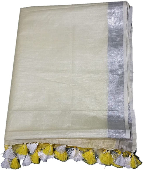 Vasthrlay Handloom Bhagalpuri Two Dye Attached Yellow Cream White