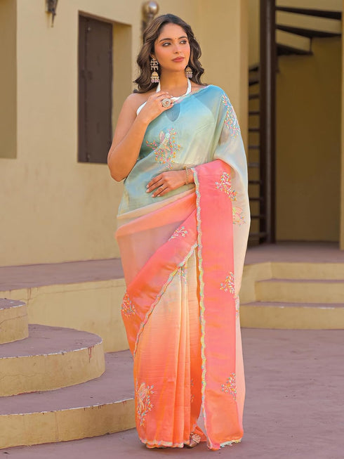 Vasthrlay Embroidery Scalloped Unstitched Turquoise Saree