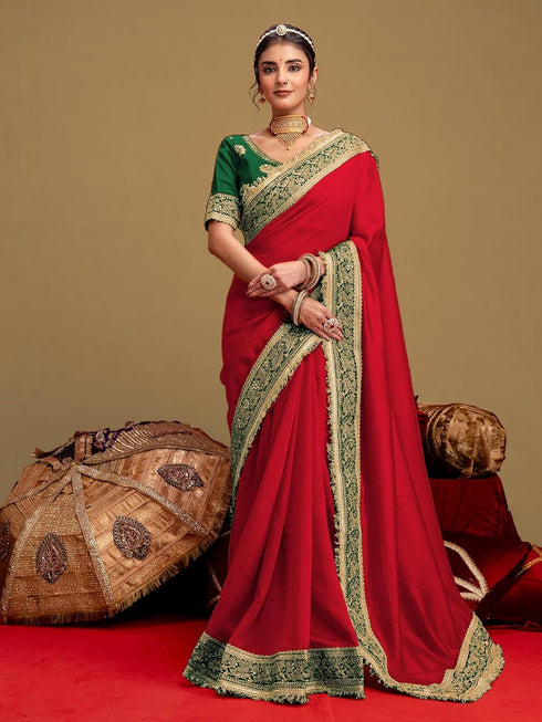 Vasthrlay Vichitra Embroidery Unstitched Red Saree
