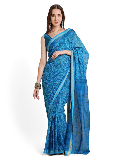 Vasthrlay Cotton Printed Mulmul Blue Saree