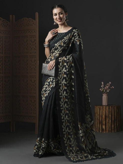 Vasthrlay Botanical Printed Unstitched Black Hs Ethnic Wear