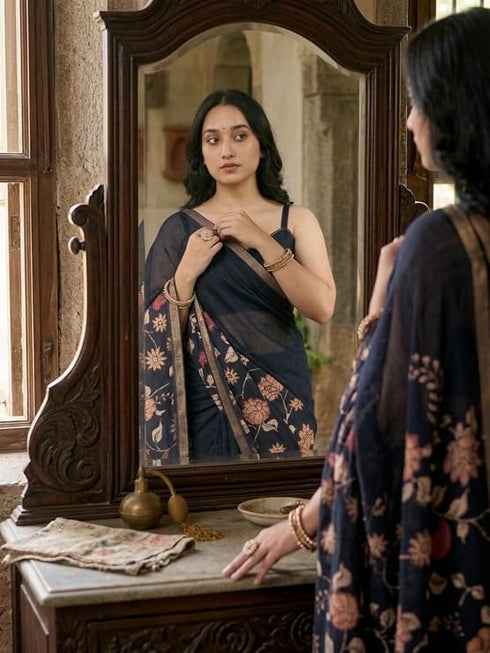 Vasthrlay Black Floral Linen Saree With Solid Black Unstitched Blouse