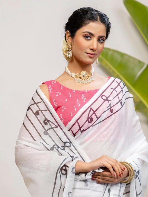 Vasthrlay Tricolor Printed White1 White Saree
