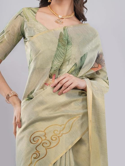 Vasthrlay Green Floral And Solid Design Polyester Saree With Unstitched Blouse Piece