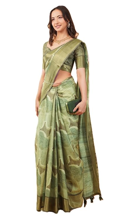 Vasthrlay Slate Lavender Geometric Print Polyester Saree With Dull Gold Zari Border And Unstitched Blouse Piece