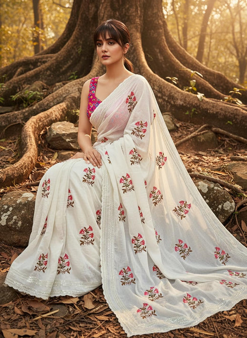 Vasthrlay Georgette Embroidery White Ethnic Wear