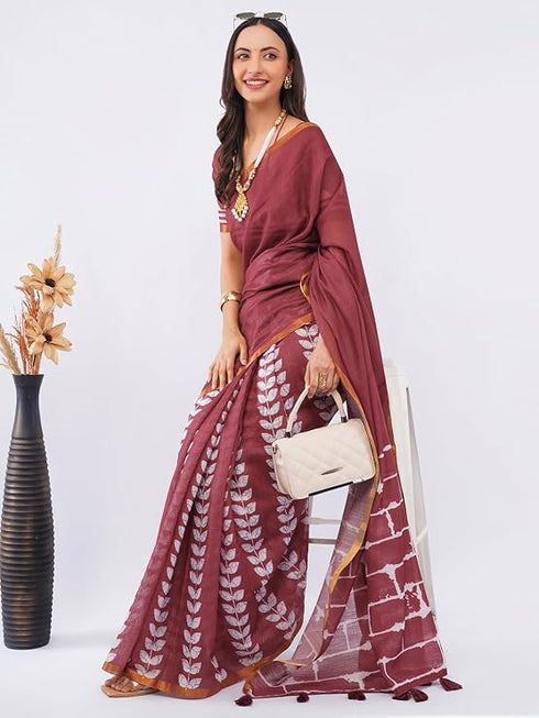 Vasthrlay Maroon Women'S Blue And White Chevron Printed Linen Saree With Unstitched Blouse
