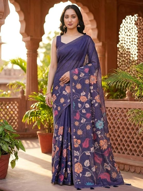 Vasthrlay Purple Floral Linen Saree With Solid Black Unstitched Blouse