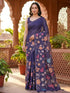 Vasthrlay Purple Floral Linen Saree With Solid Black Unstitched Blouse