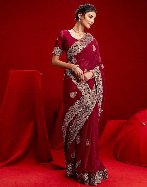 Vasthrlay Embroidery Scalloped Unstitched Maroon Saree
