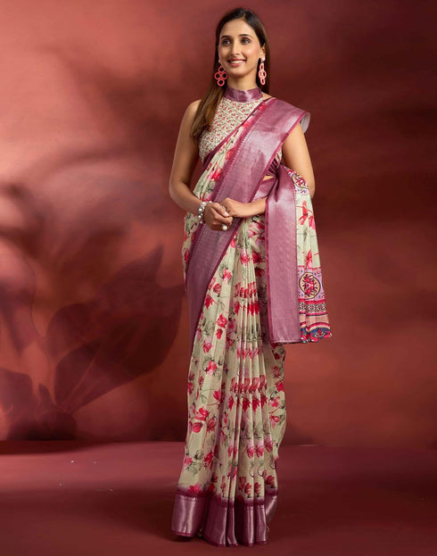 Vasthrlay Printed Jacquard Unstitched Rama Green Saree