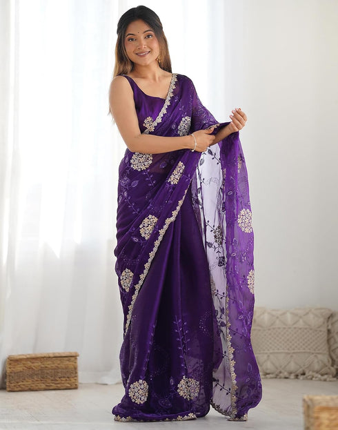 Vasthrlay Sequence Embroidery Dark Purple Saree With Unstitched Blouse Piece