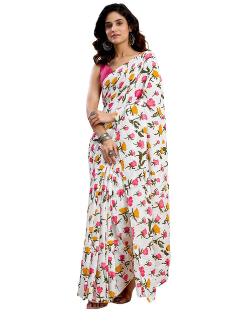 Vasthrlay Womens Printed Unstitched White Saree
