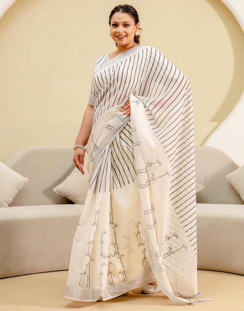 Vasthrlay Womens Printed Unstitched Off White Saree