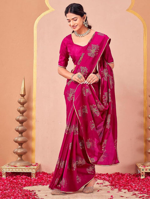 Vasthrlay Vichitra Printed Rani Pink Saree With Unstitched Blouse Piece