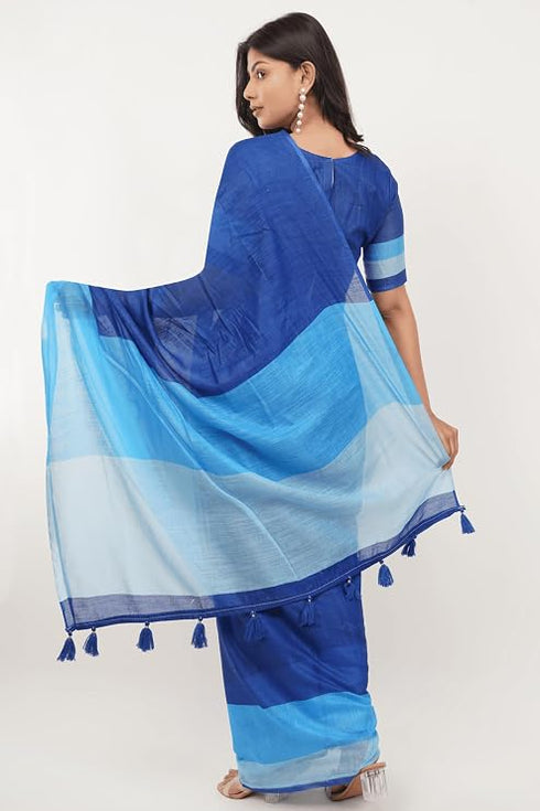 Vasthrlay Blue Striped| Floral| Solid Print Design Linen Saree With Solid Unstitched Linen Blouse Piece