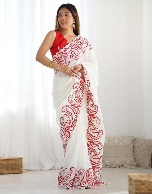 Vasthrlay Embroidery Scalloped Off White And Red Saree With Unstitched Blouse Piece