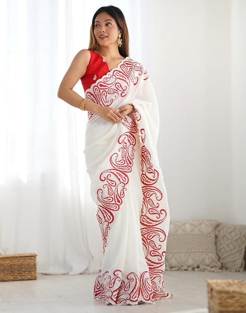 Vasthrlay Embroidery Scalloped Unstitched Off White Saree
