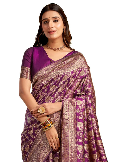 Vasthrlay Womens Banarasi Purple Green Saree With Unstitched Blouse Piece
