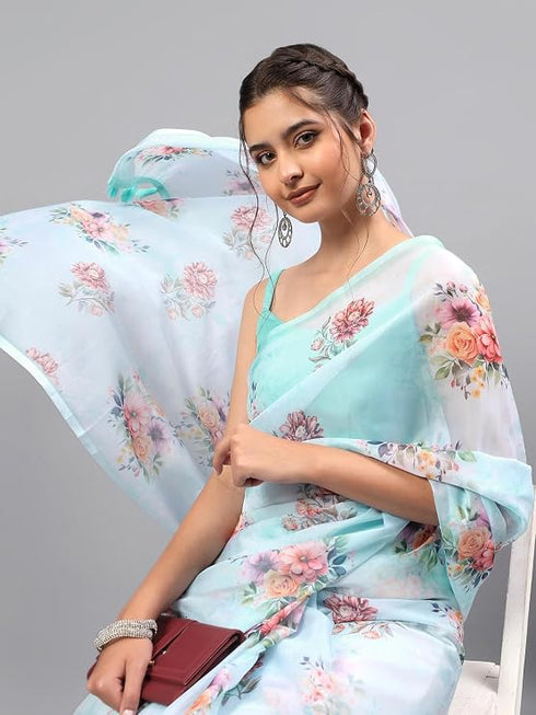 Vasthrlay Blue1 Floral Printed Organza Saree With Unstitched Blouse