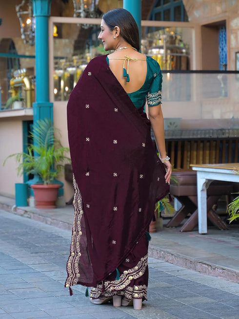 Vasthrlay Chinnon Embroidery Lime Saree