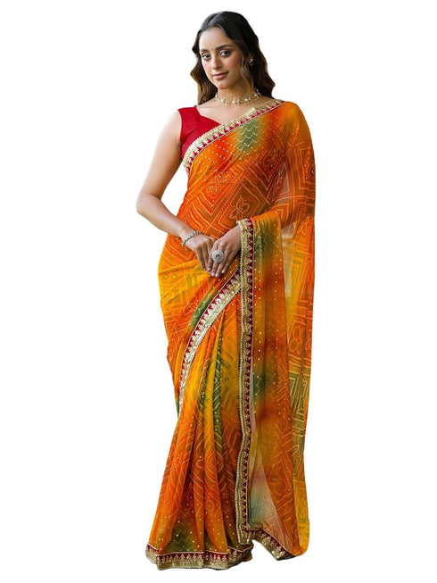 Vasthrlay Bandhani Embroidery Yellow Saree