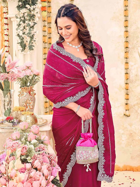 Vasthrlay Georgette Embroidery Wine Saree