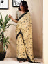 Vasthrlay Womens Printed Cream | Black Saree With Unstitched Blouse Piece
