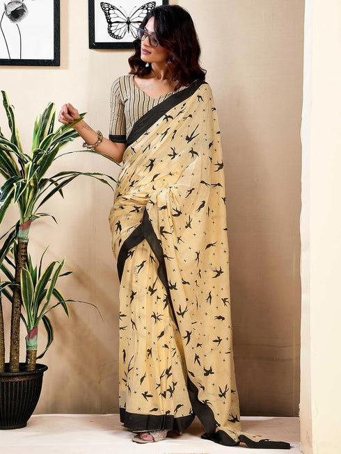 Vasthrlay Womens Printed Unstitched White Saree