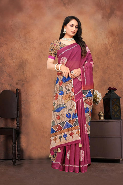 Vasthrlay Pure Linen Cotton Saree with Kalamkari Print Border