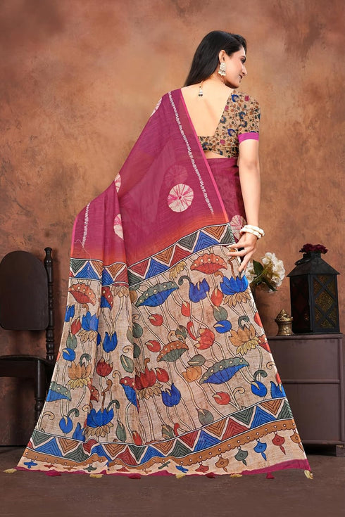 Vasthrlay Pure Linen Cotton Saree with Kalamkari Print Border