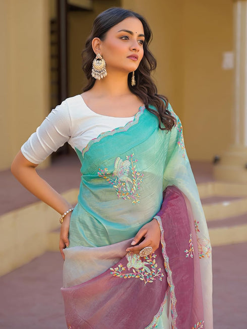 Vasthrlay Sequins Embroidery Orange Saree