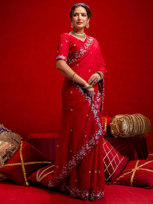 Vasthrlay Sequins Embroidery Turmeric Saree