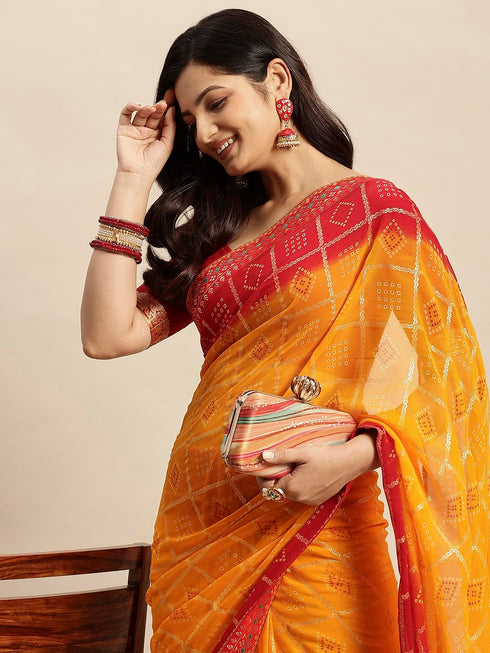 Vasthrlay Chiffon Bandhani Printed Yellow Saree