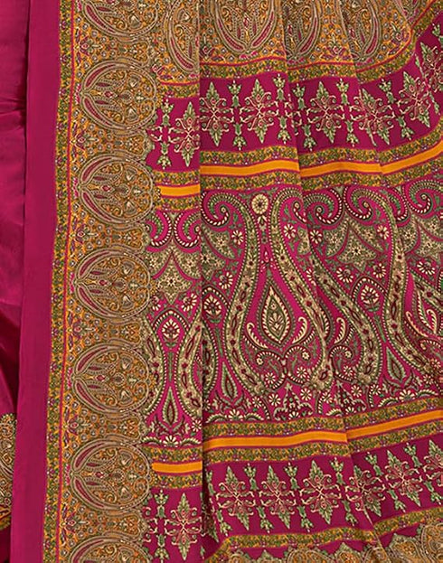 Vasthrlay Womens Printed Rani Pink Saree With Unstitched Blouse Piece