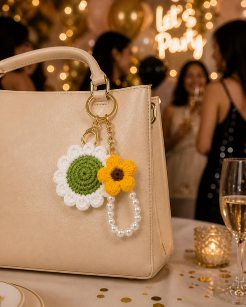 Handmade Crochet Sunflower with Daisy Keychain and Pearl Loop