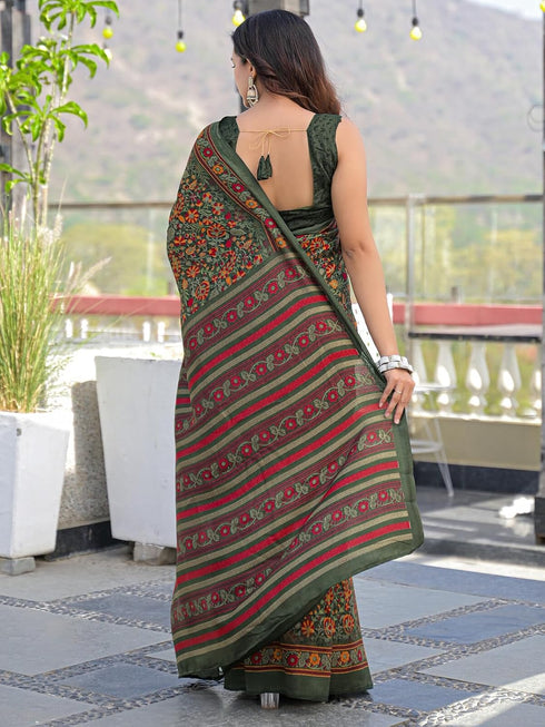 Vasthrlay Womens Printed Unstitched Dark Green Saree