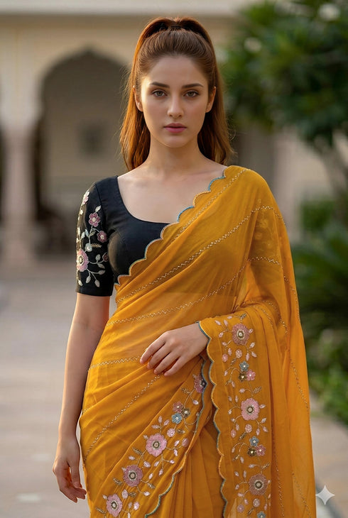 Vasthrlay Yellow Unstitched Saree