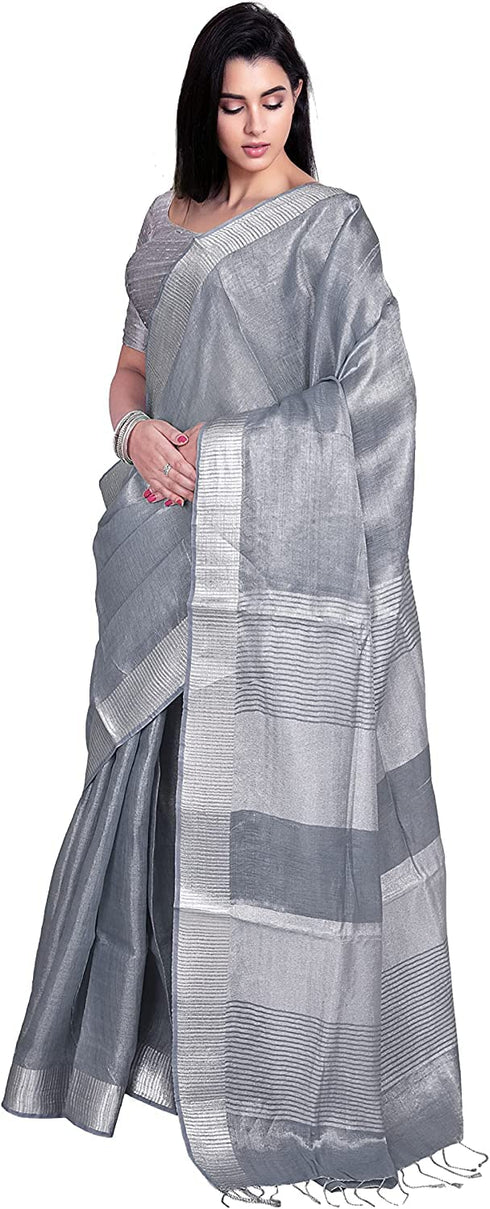 Vasthrlay Attractive Handloom Bhagalpuri Metallic Silver Green