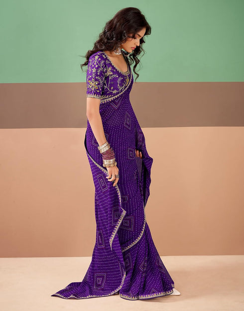 Vasthrlay Georgette Embroidery Violet Saree With Unstitched Blouse Piece