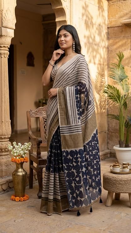Vasthrlay Beige Striped| Floral| Solid Print Design Linen Saree With Solid Unstitched Linen Blouse Piece