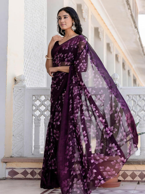 Vasthrlay Georgette Printed Unstitched Wine Saree
