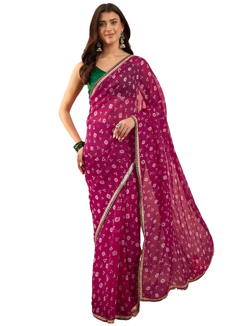 Vasthrlay Vasthrlaywomenspinkgeorgettebandhaniprintembroideredlaceworksareewithunstitchedblousepiece Sareeforwoman Designersareeforwomen Tr Ethnic Wear