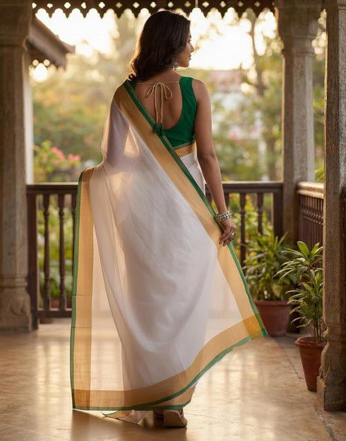 Vasthrlay Womens Printed White Saree With Green Unstitched Blouse Piece